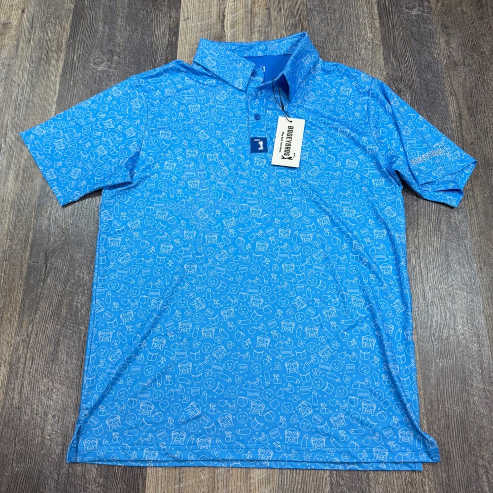 Bogey Bros Golf Polo Men Small Blue Emoji Print Performance Stretch Short Sleeve